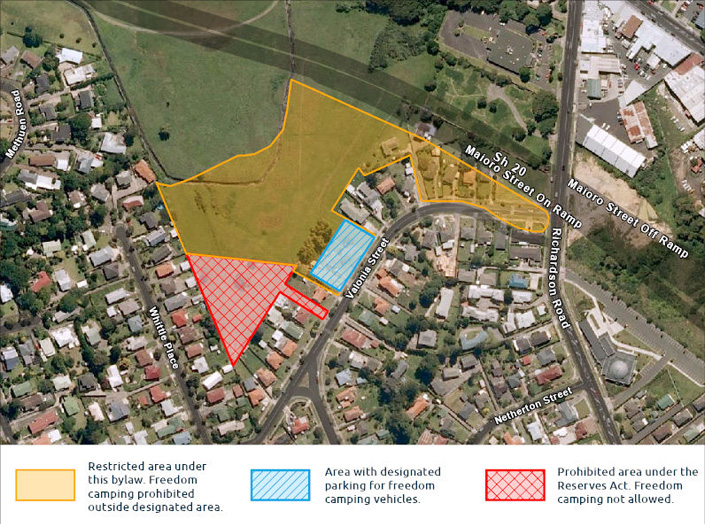 A map highlighting areas where freedom camping is either restricted or not allowed.