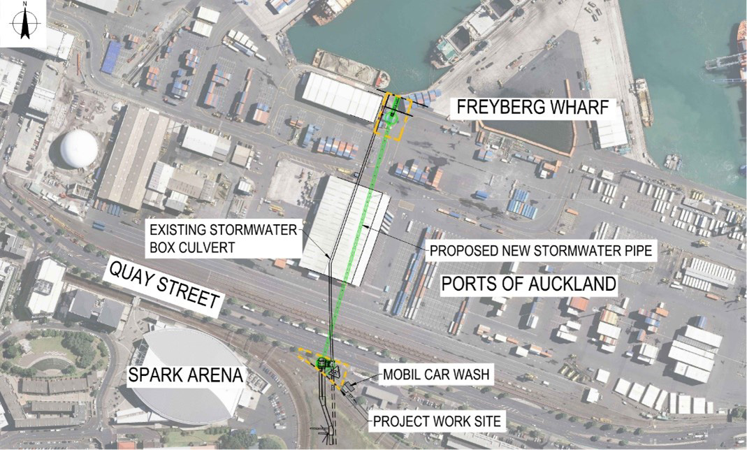 An aerial shot of Port of Auckland overlayed with locations and the proposed stormwater pipe.