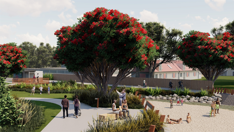 People walking, sitting, cycling, walking their dog, playing sports and lying on the beach on and around part of the new shared path at Kinloch Reserve in Ōrewa, with Pohutukawa trees in bloom.