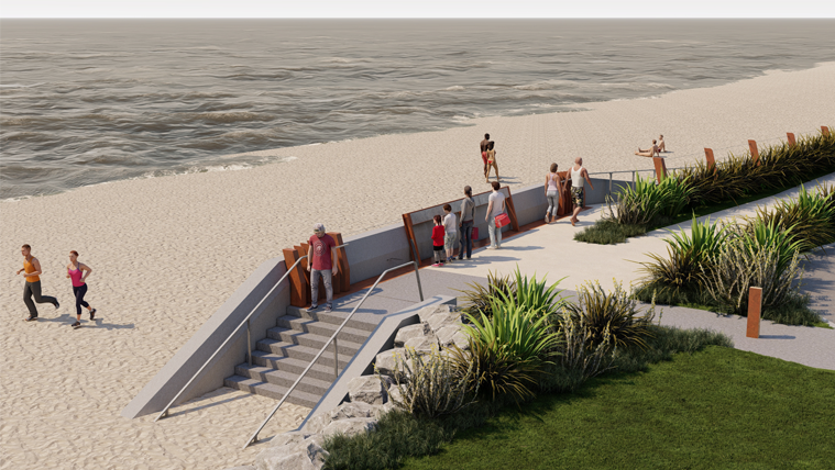 People walking, standing, running and lying on the beach on and around part of the new walkway at Kohu Street in Ōrewa. The walkway includes concrete steps and a ramp leading to and from the beach.