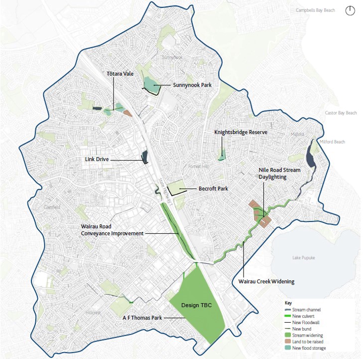 Map of the Wairau area that shows proposed upgrades to reduce flood risks.