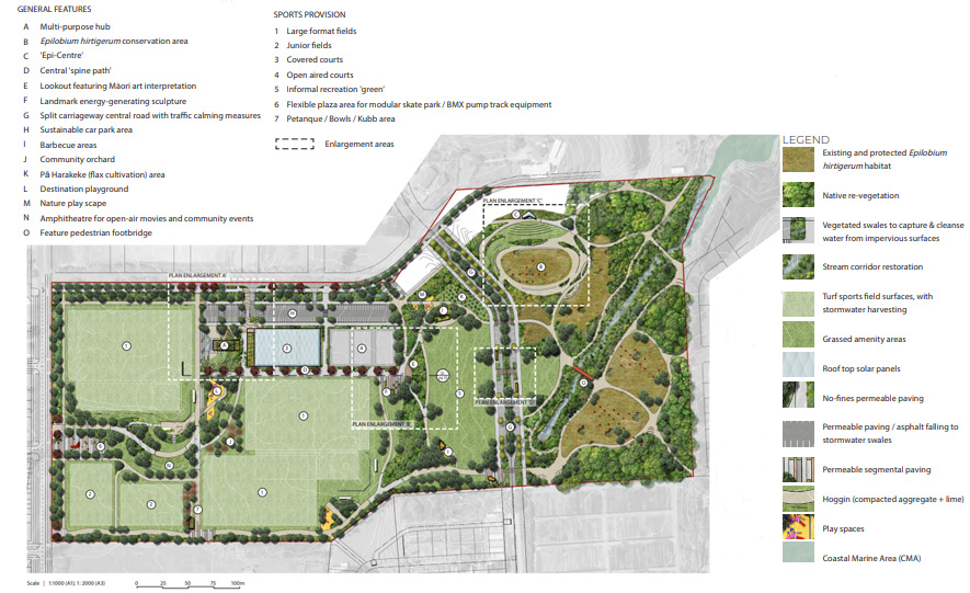 Artist's impression of Te Kori Scott Point, showing how different areas will be used.