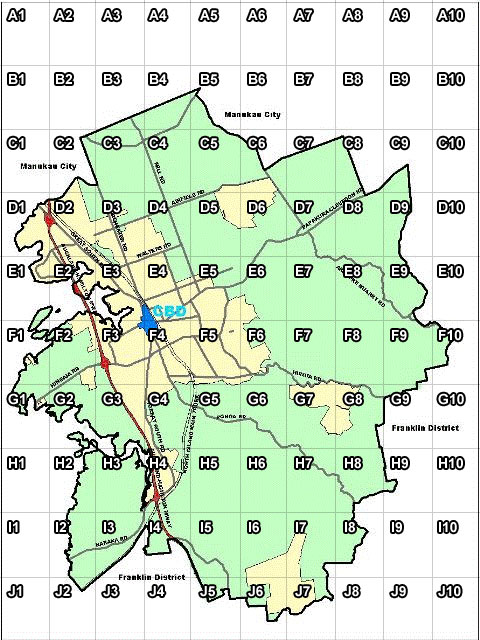 Map index showing areas and corresponding map numbers.