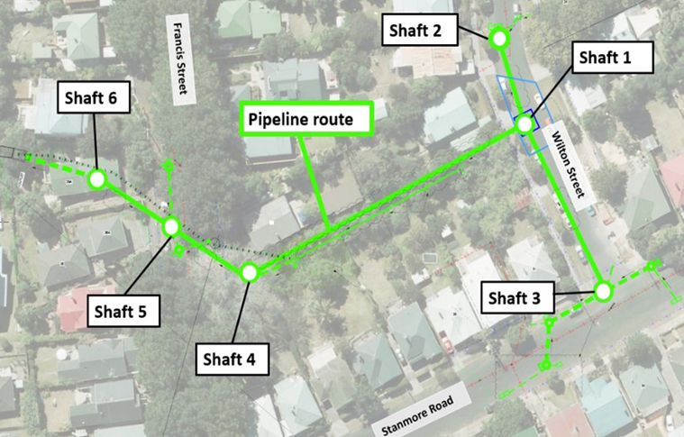 Street view map of Stanmore Road and surrounding area showing the pipeline route in green and shaft locations in labelled text boxes.