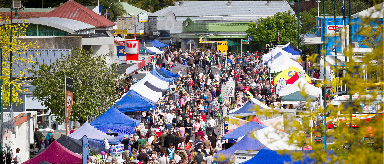 Photo of a busy market with lots of gazebos and people.