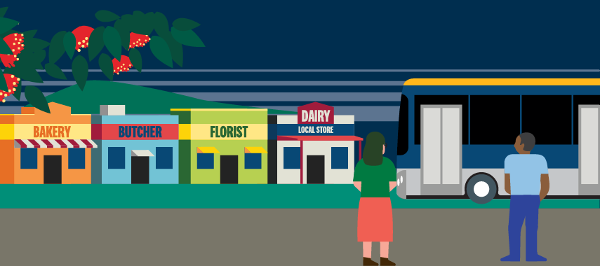 Illustration of a flowering Pohutukawa tree, a two people waiting for a bus, and a row of shops.