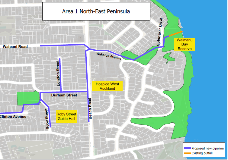Map shows proposed new pipeline on the north-east peninsula. This includes parts of Waipani Road, London Street, Durham Street, Clinton Avenue, Roby Street, Beach Road and Spinnaker Drive. It also shows the existing outfall on Spinnaker Drive.