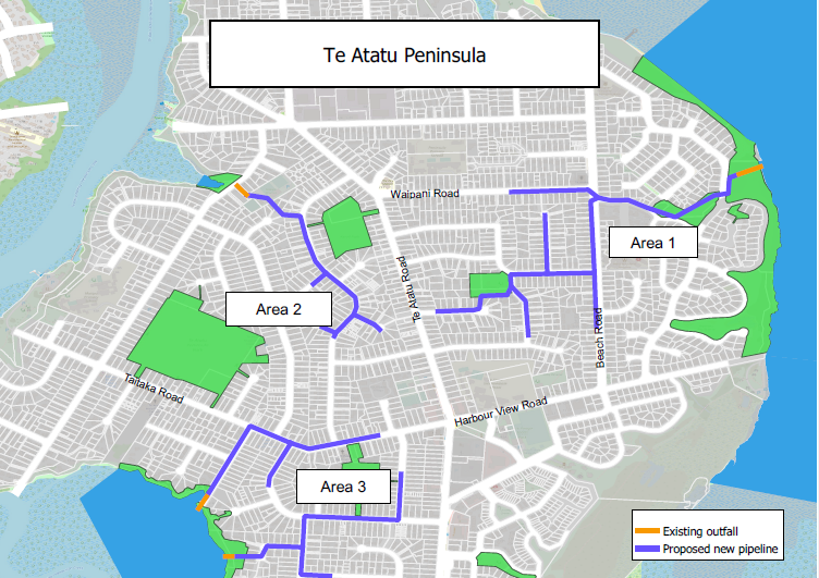 Map shows the three areas on the Te Atatū Peninsula for upgrade.