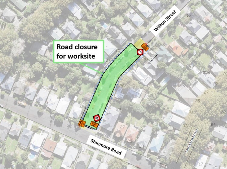 Street view map of the project worksite and road closure on the Stanmore Road and 23 Wilton Road intersection highlighted in green.