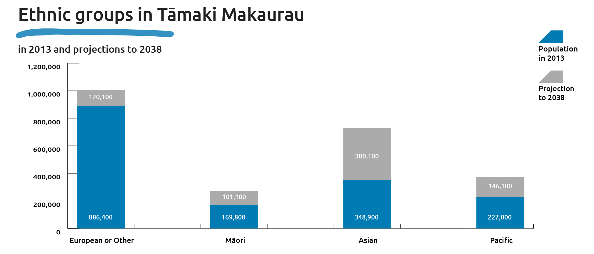 Graph showing the projected population growth by ethnic group for 2013 to 2038