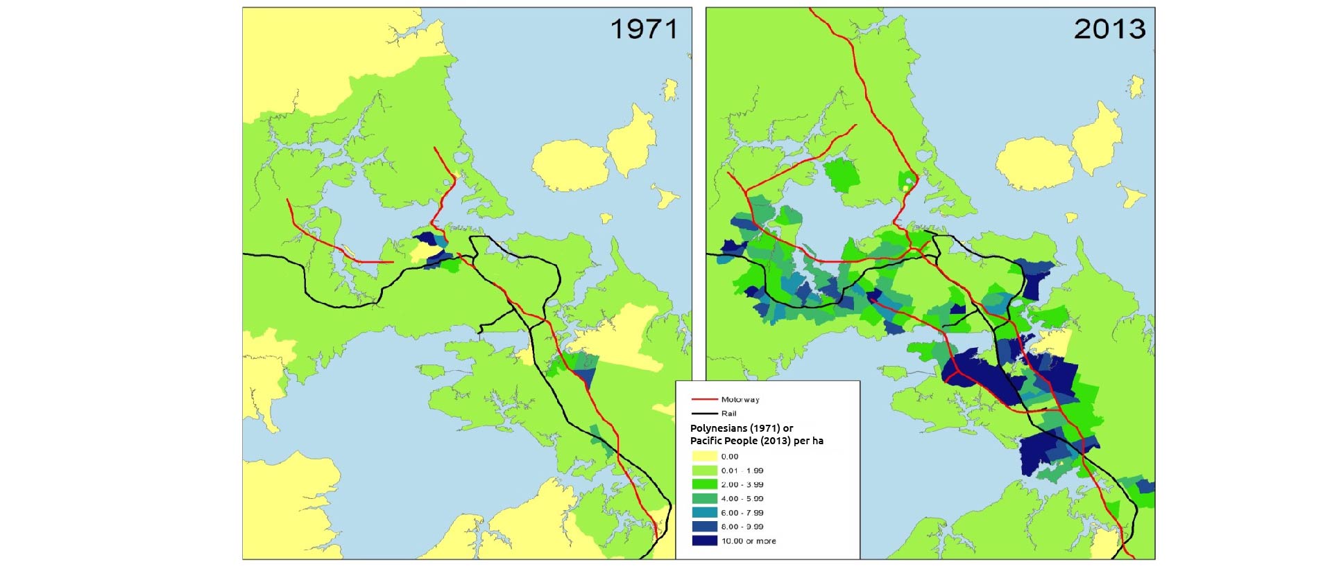 Heat map of Auckland showing the density of Pacific population across the region in 1971 and in 2013.