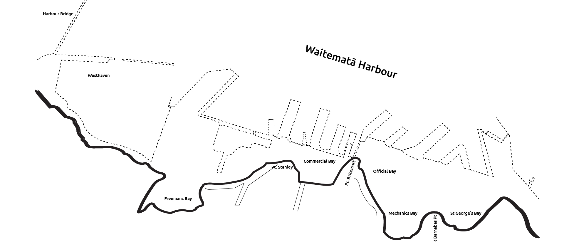 Diagram shows the shoreline of the Waitemata from the CBD with the present day footprint of wharfs shown in a dotted line