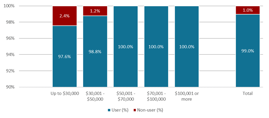 2.4% of households earning up to $30,000 per year do not have the internet. 1.2% of homes earning between $30,001 and $50,000 do not have internet. All households earning above this amount have access. 1.0% of the population does not have internet access.