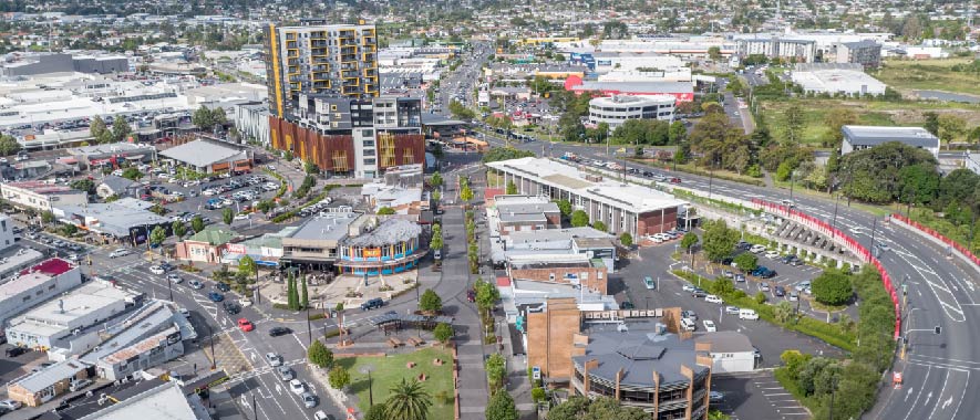 Photograph of New Lynn from above showing the shared spaces.