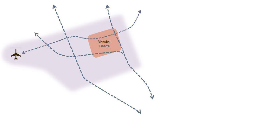 Map style illustration of Manukau and the transport corridors through and around the centre and out to the airport