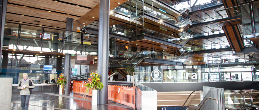 Photograph of the interior of the Manukau Train station concourse and Manukau Institute of Technology atrium