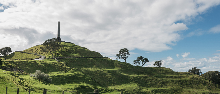 Photograph of the One Tree Hill summit and obelisk from inside Cornwall park