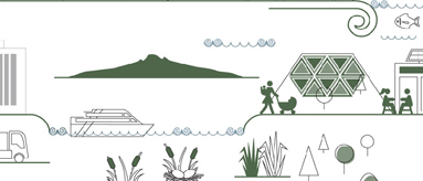 Conceptual graphic of Auckland landmarks such as the ferry terminal building, the sky tower, and a volcanic cone.