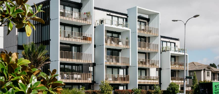 Four adjoining apartment blocks in Stonefields, Auckland.