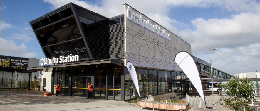 Photograph of Otahuhu station that incorporates Maori design.