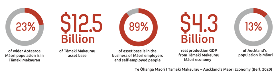 23% of Māori population is in Auckland. $12.5 billion of city asset base. 89% of asset base is in the business of Māori employers and self-employed people. $4.3 billion is the real production GDP from Māori economy. 13% of area