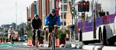 Two people cycling on a cycle path next to the street.