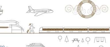 Conceptual graphic showing a plane, ferry and train as different forms of transport. 