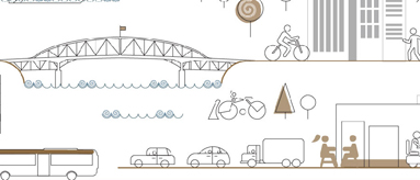 Conceptual graphic showing the harbour bridge, buildings, people enjoying open spaces and different forms of transport. 