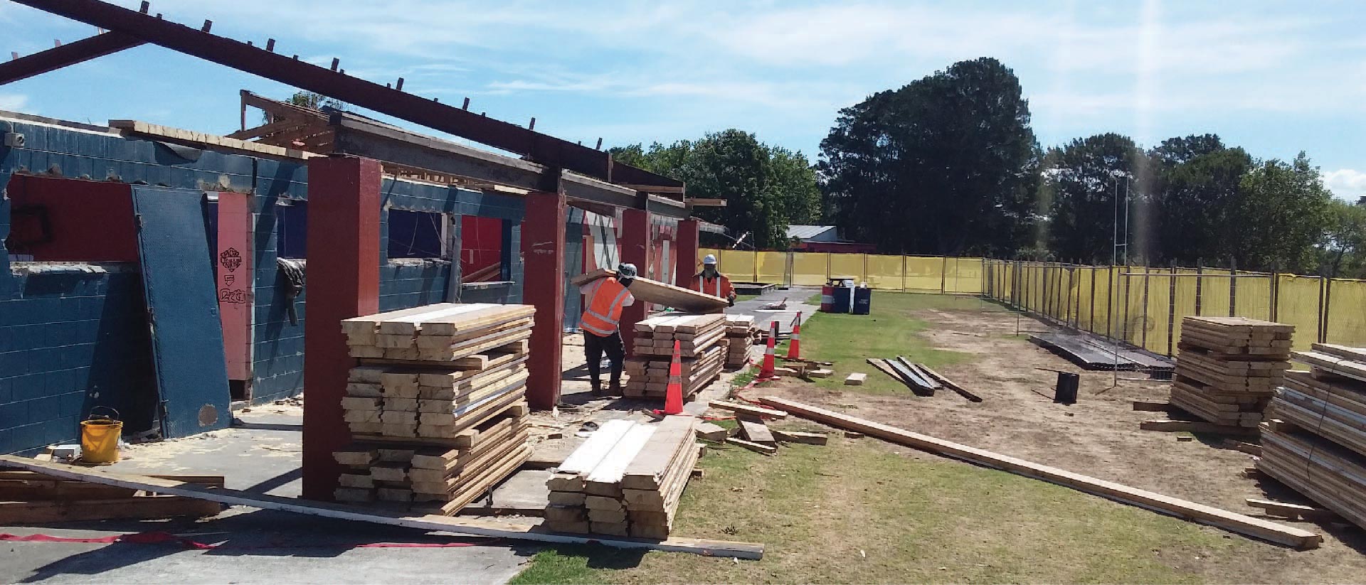 A building being deconstructed at Otara Scorpians Rugby League clubrooms, Ngati Otara Park.