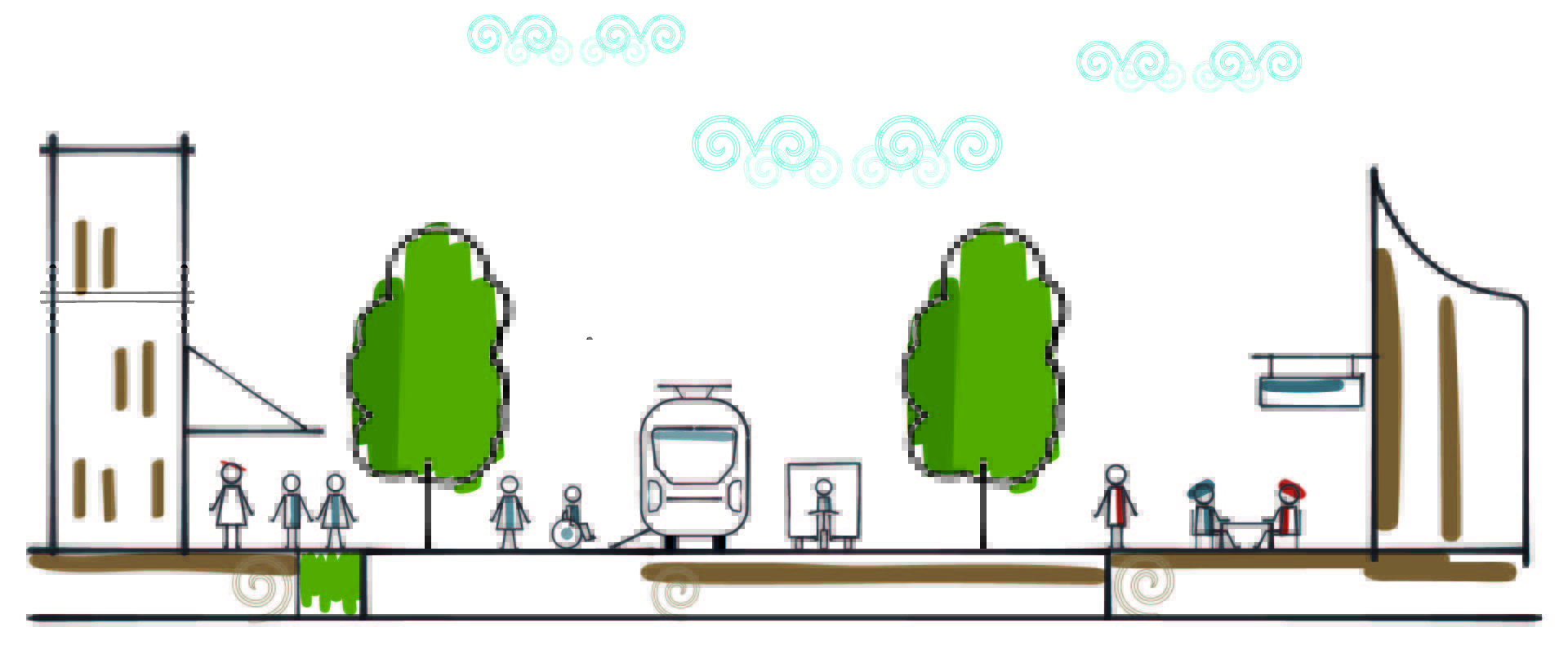 Drawing of people in urban area, walking, boarding a tram, riding an electric freight vehicle, and sitting on street furniture.
