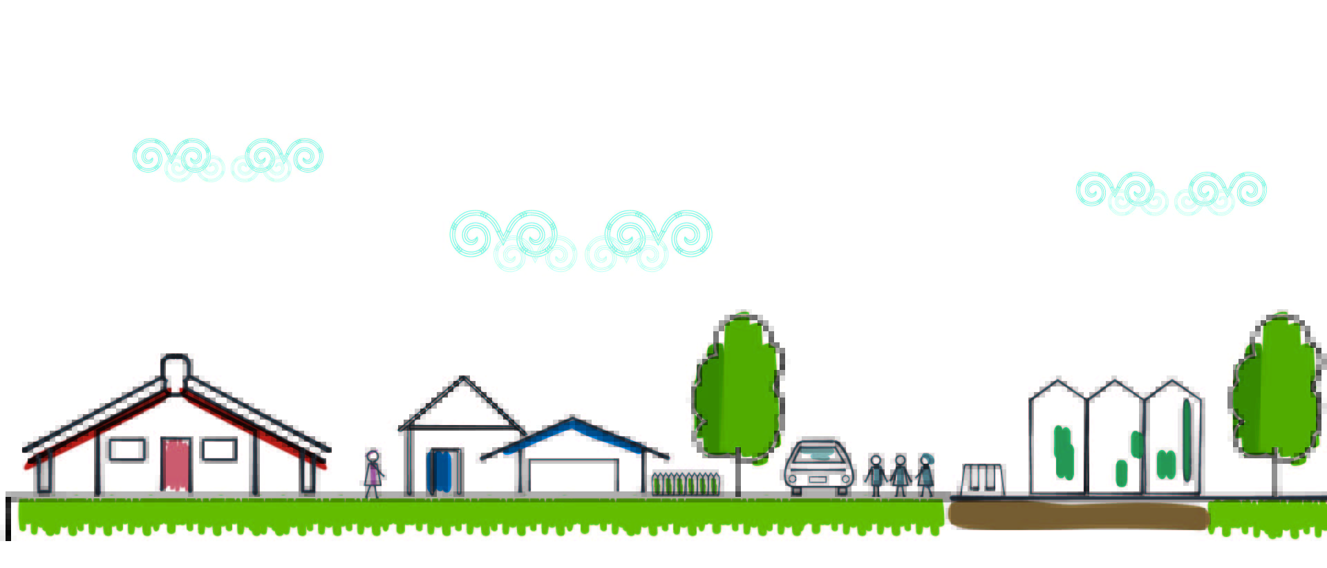 Illustration of a neighbourhood comprised of a marae, a residential house, tall buildings and a community park.