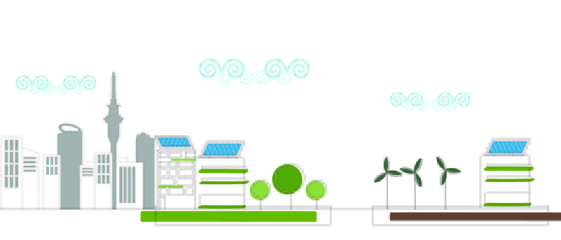 Drawing of Auckland's buildings, green areas, and generators of sustainable energy: solar panels on the roofs and wind turbines.