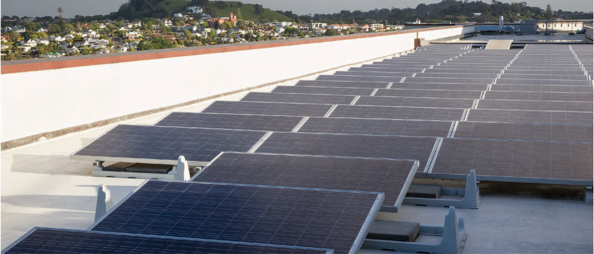 Solar panels laid out on the roof of the Auckland Museum.