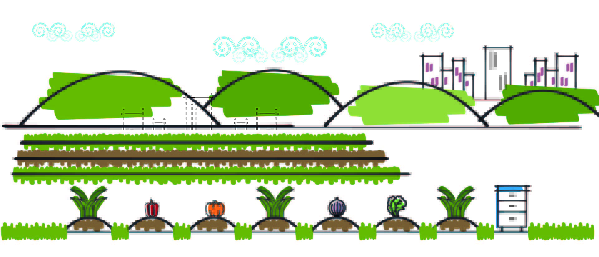 Illustration of local, sustainable food production in the fields near a city.