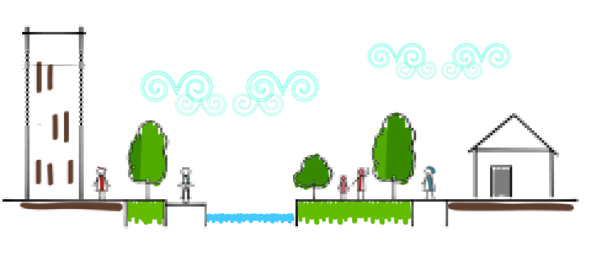 Drawing of an apartment block and a house with a waterway, trees and people cycling and walking in between.