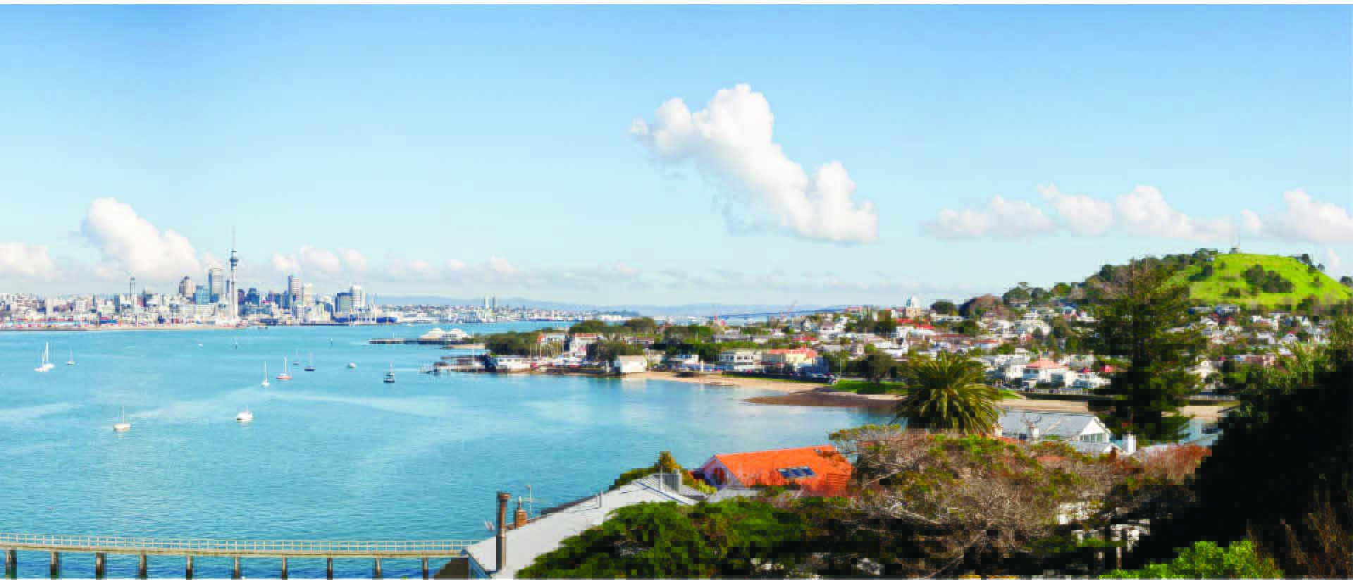 Torpedo Bay and Takarunga / Mount Victoria, Devonport with Auckland city in the background.