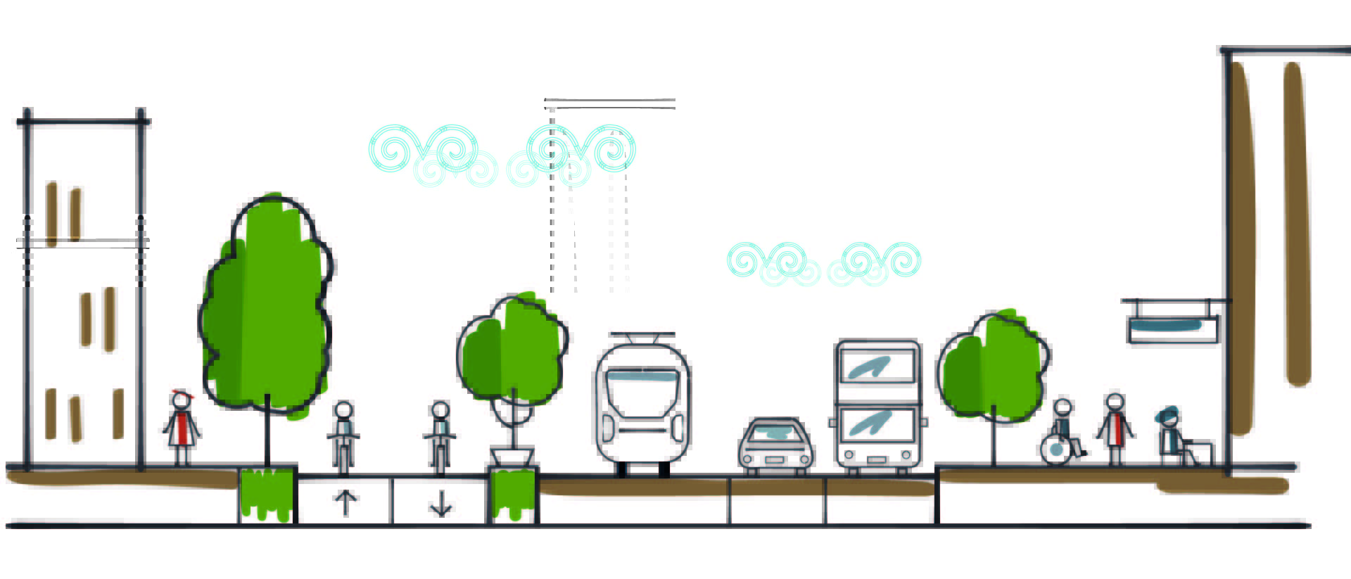 Drawing of people in urban area, walking, boarding a tram, riding an electric freight vehicle, and sitting on street furniture.