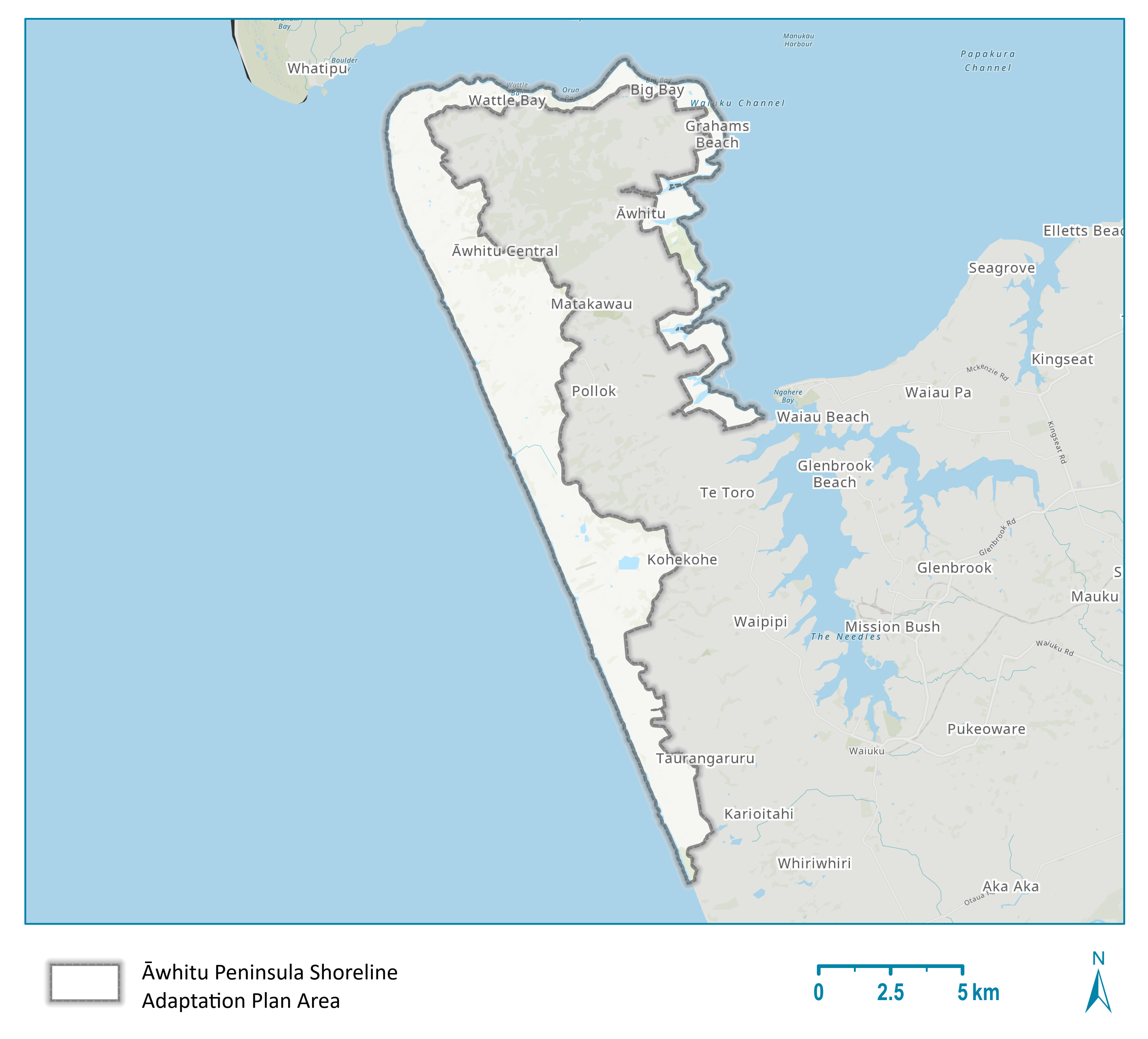 This map shows the area covered by the Āwhitu Shoreline Adaptation Plan.