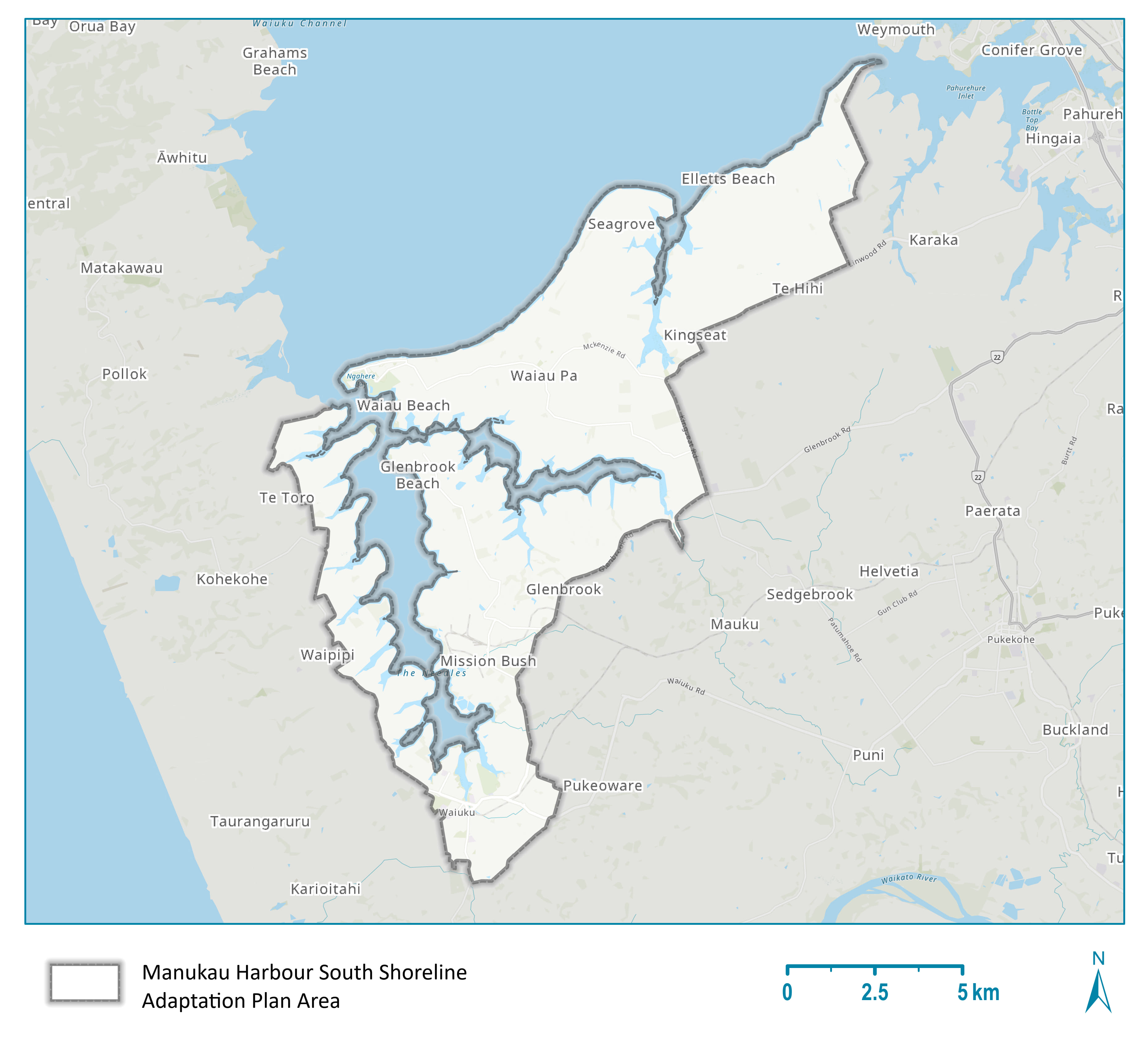 This map shows the area covered by the Manukau Harbour South Shoreline Adaptation Plan.
