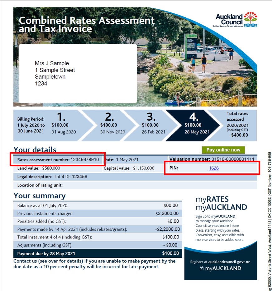 Sample property rates bill, with location of rates assessment number and myAUCKLAND PIN highlighted below 'Your details' heading