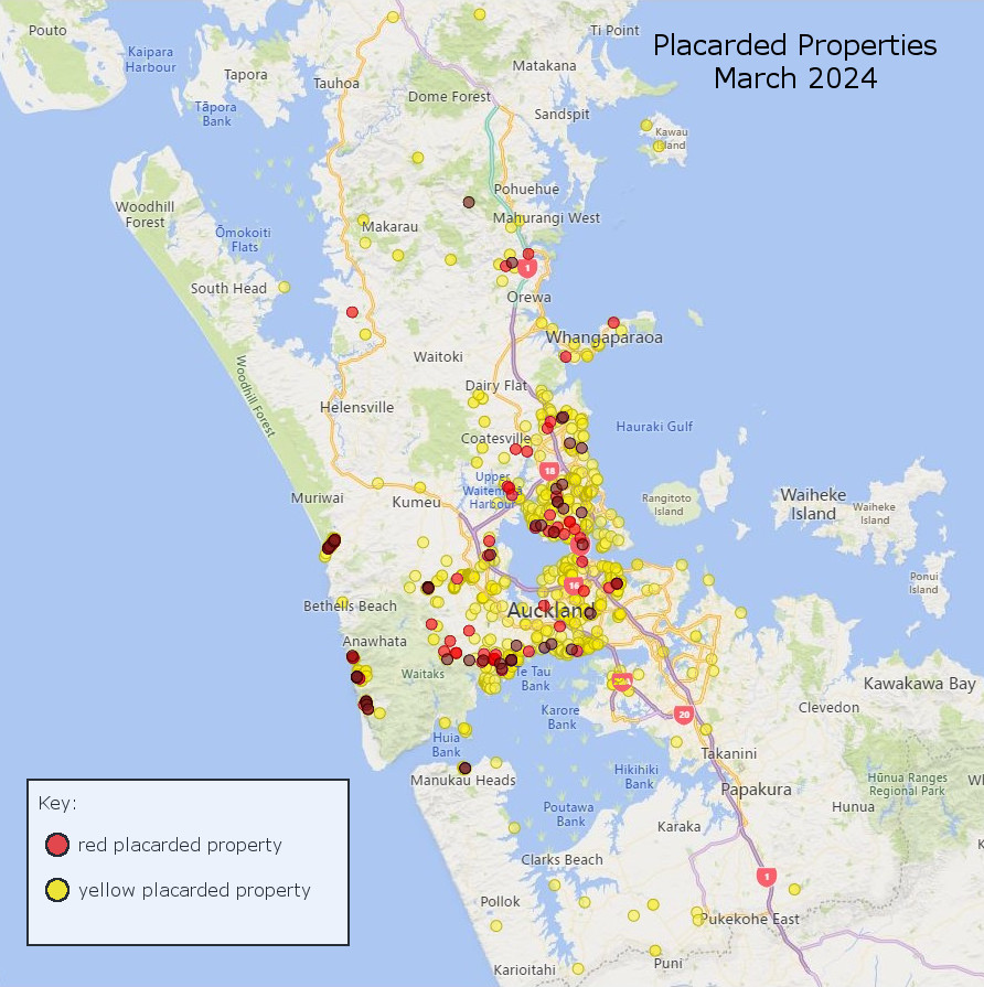 Map of Auckland with yellow and red dots marking locations of placarded properties as of March 2024.