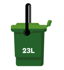 Central Auckland food scraps bin is green colour and comes in a 23-litre size. Kitchen caddy is cream colour with black lid and comes in 6-litre size.