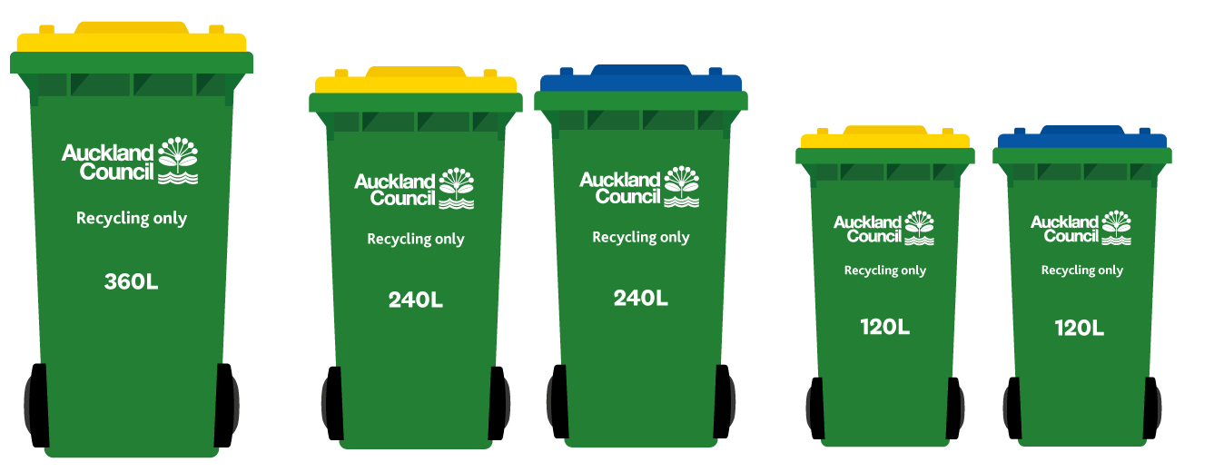 Auckland Central recycling bins are green with a yellow or blue lid and come in 360, 240 or 120-litre sizes.