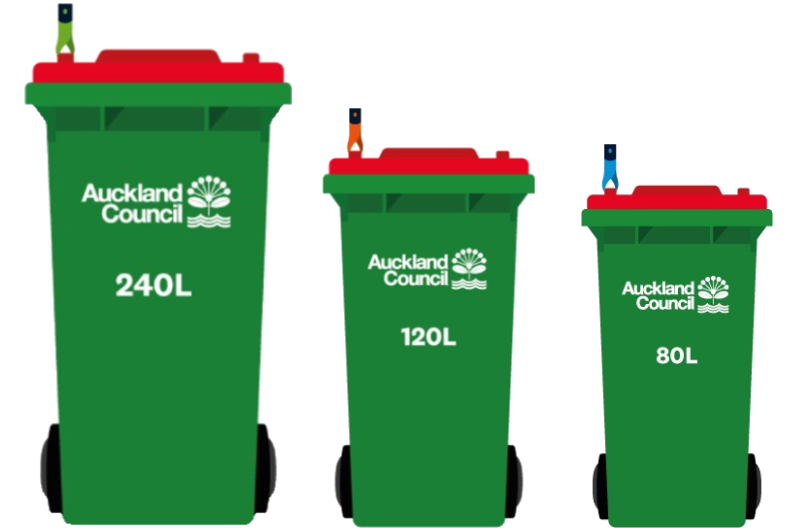 Papakura rubbish bins are green with a red lid and come in 240, 120 and 80 litre sizes.
