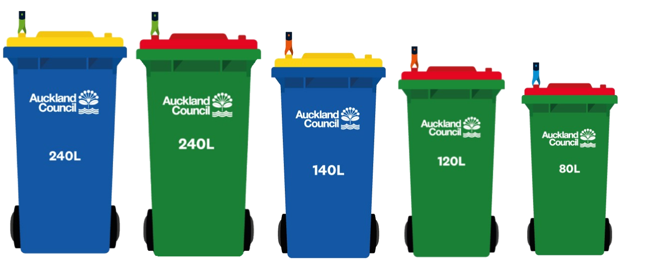 Waitākere rubbish bins are blue with yellow lid and are 240 or 140 litres or green with red lid and are 240, 120 or 80 litres.