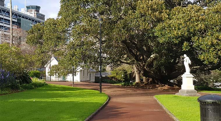 Albert Park - The University of Auckland in the background, giant trees, statues and heritage buildings within the park.