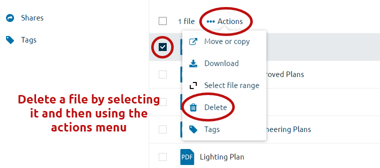 Image shows the actions drop-down menu with the delete option highlighted.