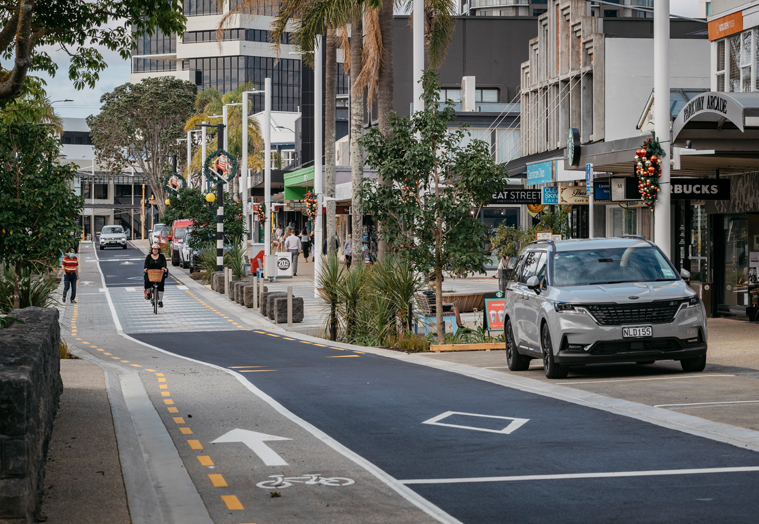 Hurstmere Road in Takapuna, showing buildings and trees.