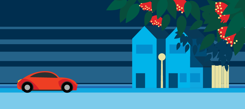 Illustration of a car, two townhouses and a flowering Pohutukawa tree.