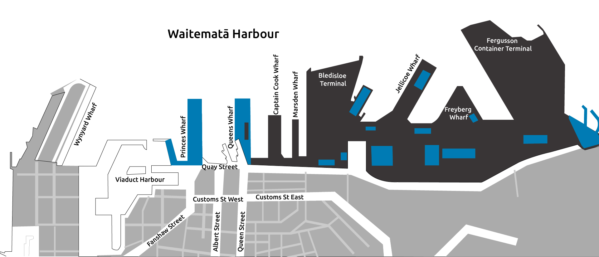 Aerial sketch of the port and harbour showing Wynyard wharf, Viaduct Harbour, Princess Wharf, Queens Wharf, Captain Cook Wharf, Marsden Wharf, Bledisloe Terminal, Jellicoe Wharf, Freyberg Wharf and Fergusson Container Terminal